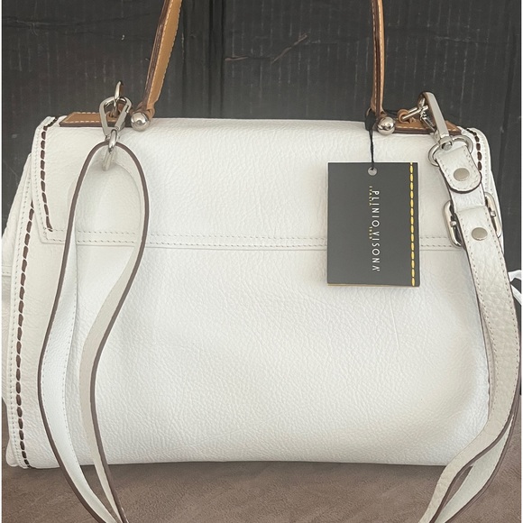 Plinio Visona Handbag. All White Italian Leather Bag with Brown Leather Trim. - Picture 5 of 13
